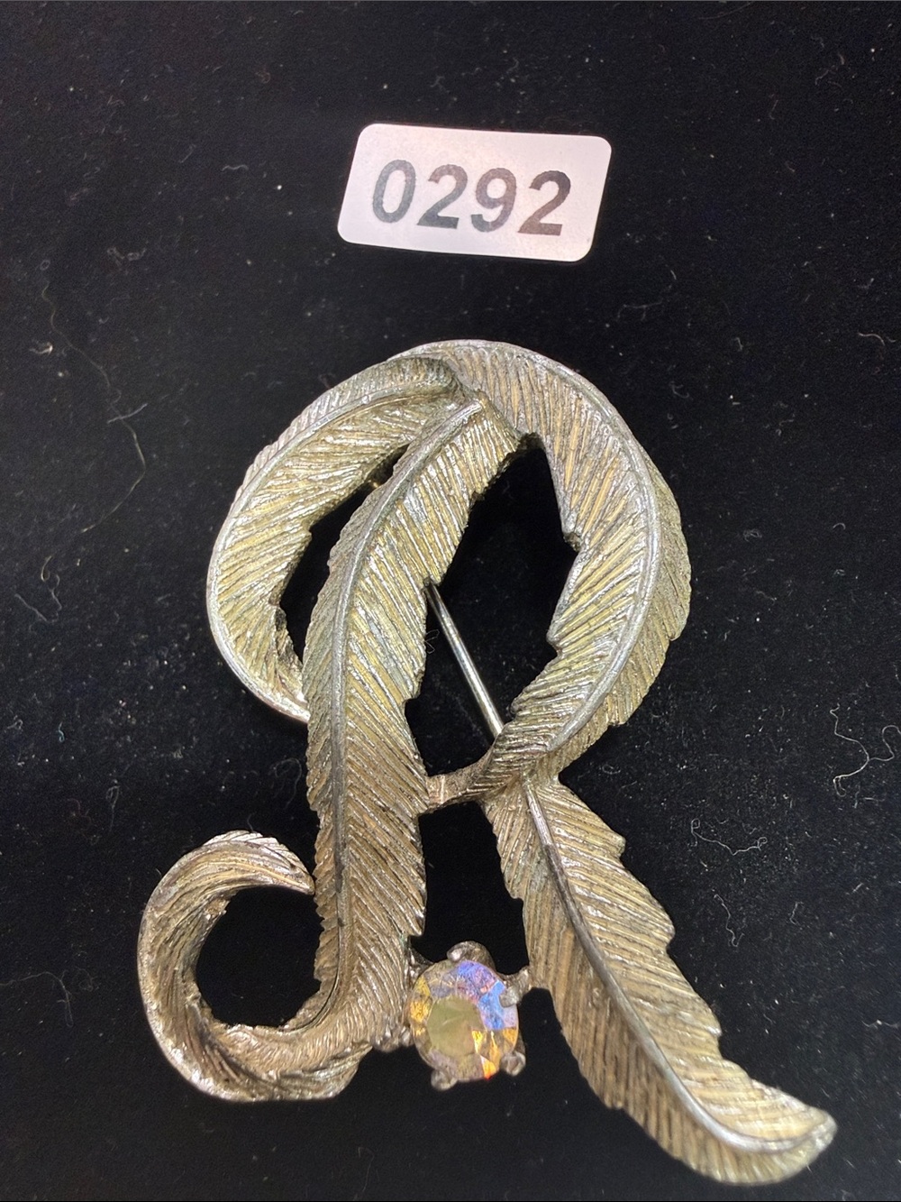 Silver-Tone Feather Initial 'R' Brooch with Aurora Crystal Accent